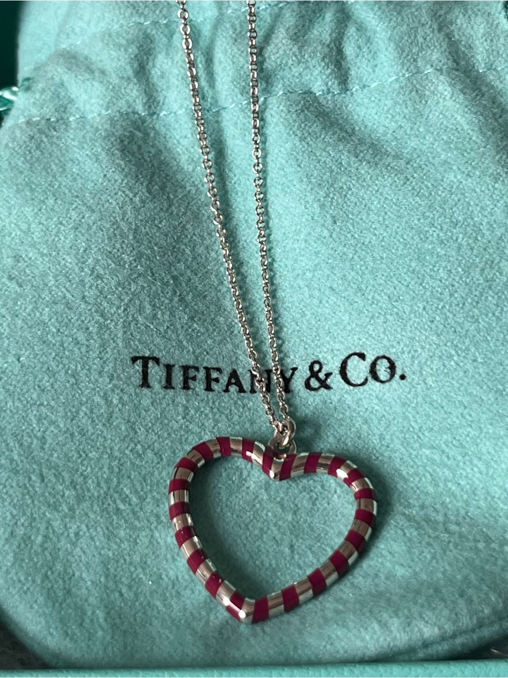 Tiffany & Co. Silver Picasso Red Stripe Heart Pendant 18” Necklace